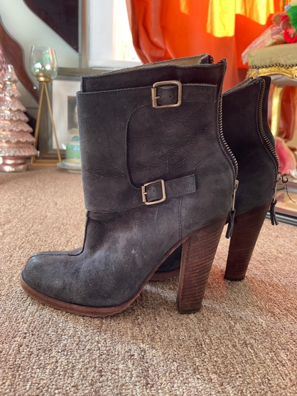 Blue Suede High-Heel Ankle Boots - Women